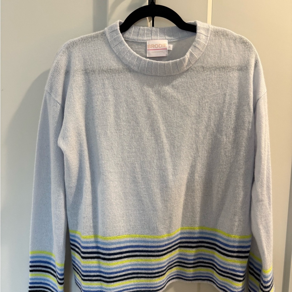 Brodie CashmereWomen’s Striped Sweater - Light Blue with Blue and Yellow Accents